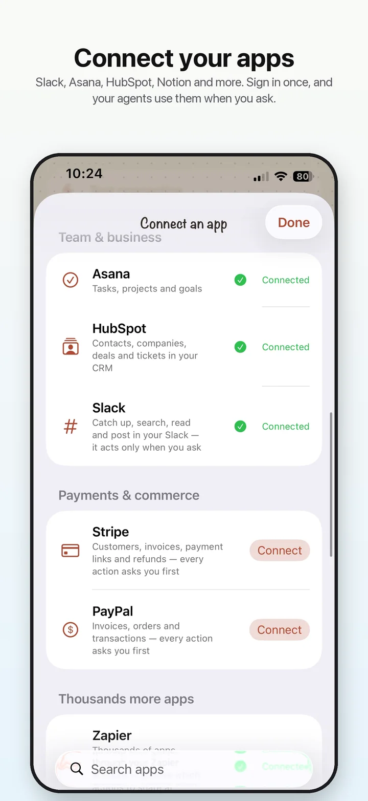 Connect your apps: Asana, HubSpot and Slack connected; Stripe and PayPal ask first