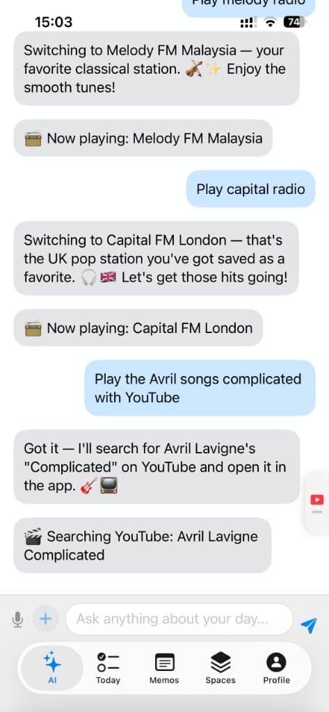 ElvarOne conversation view showing continuous chat and quick actions.