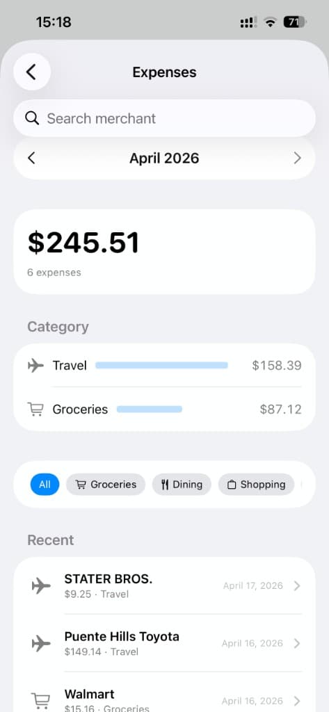 ElvarOne expenses overview with category totals and recent transactions.
