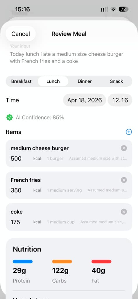 ElvarOne meal review screen with calorie and nutrition breakdown.
