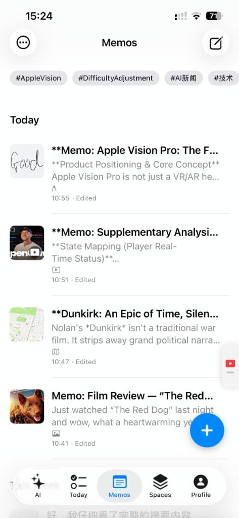 ElvarOne memos screen showing captured notes and voice-driven idea logging.