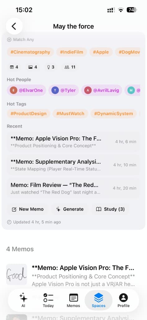 ElvarOne spaces screen showing tags, people, and grouped memo collections.