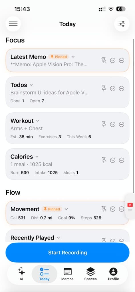 ElvarOne Today screen showing memos, todos, workouts, calories, and movement tracking.