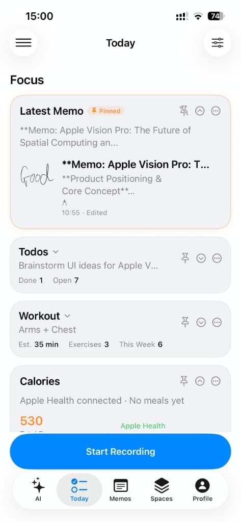 ElvarOne Today home screen with memos, todos, workouts, and calories.